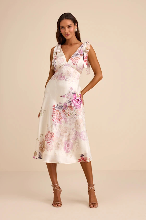 Zoella Ivory Floral Satin Tie-Strap Midi Dress | Lulus
