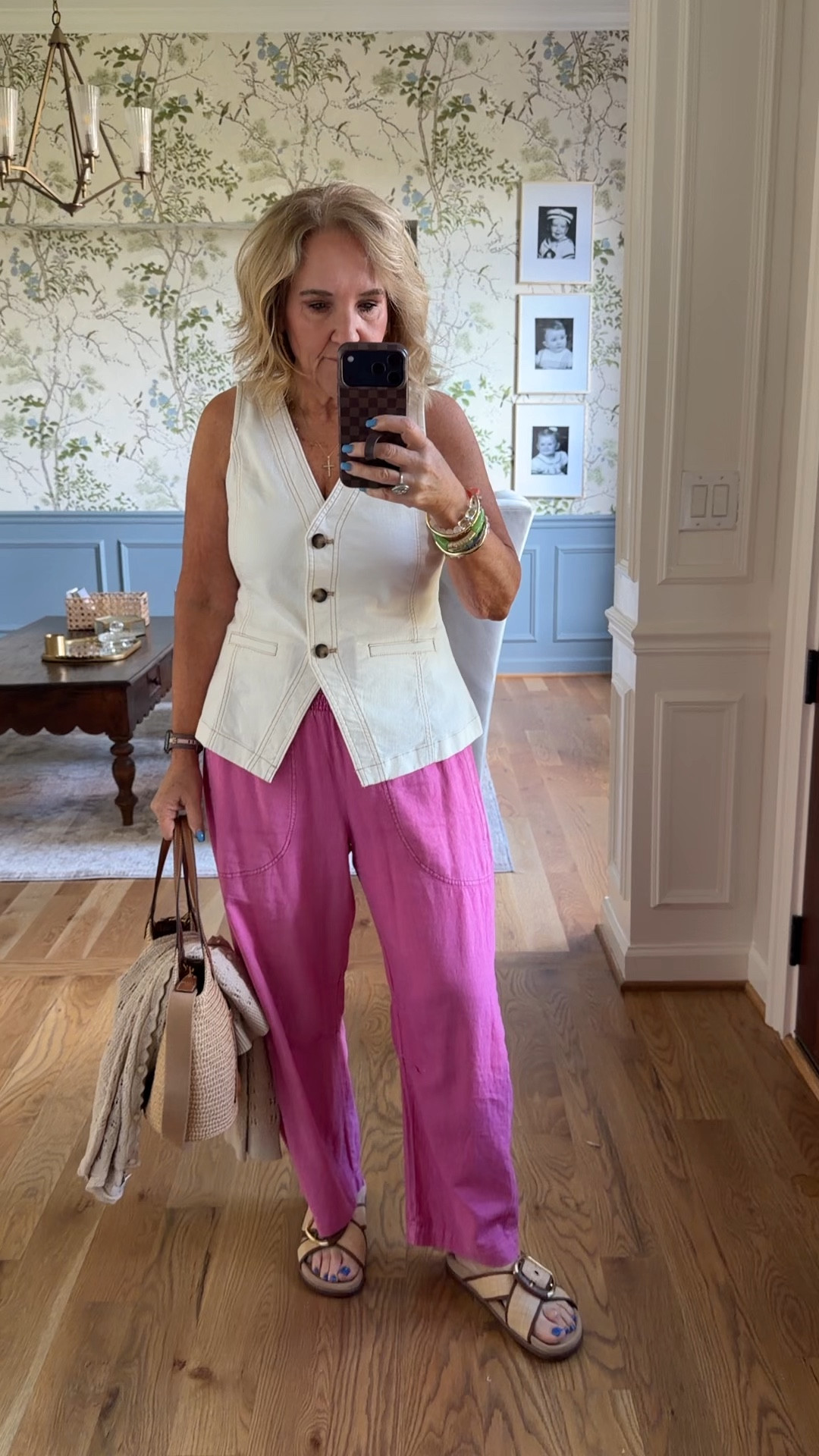 Vest size medium
Pants size small reg! 
Shoes size down if inbetween. Love that the buckle is adjustable. 
Purse code NANETTE 10% off 
Bracelet stack code NANETTE20 20% off 

#LTKOver40 #LTKPetite #LTKootd