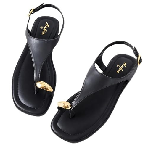 Womens Toe Ring Thong Sandals Square Open Toe Flat Sandals Adjustable Ankle Buckle Strap Comfort Summer Beach Casual Walking Flip Flops for Women | Amazon (US)