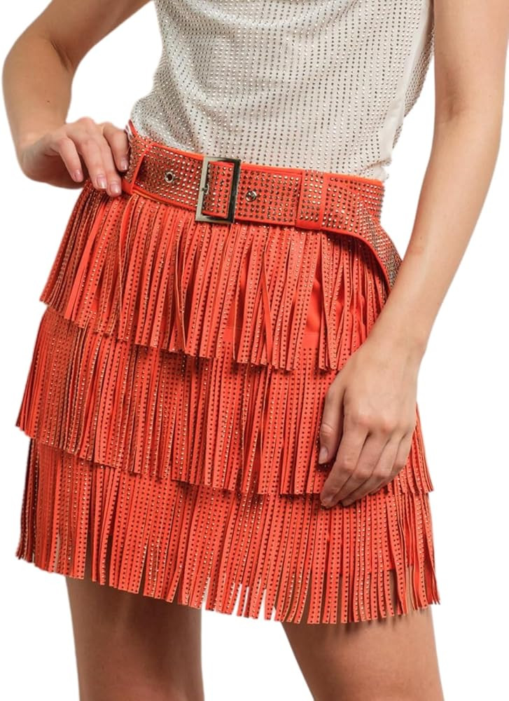 ChiyeeKiss Womens Sparkle Rhinestone Fringe Skirt Elastic Waistband Short Mini Dress with Adjusta... | Amazon (US)