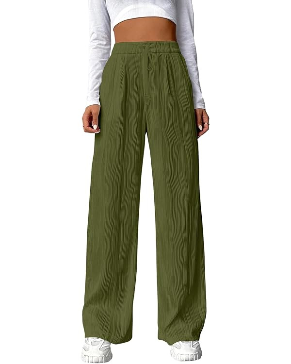 EVALESS Casual Textured Pants for Women Fall 2024 Trendy Drawstring Elastic High Waist Palazzo Pa... | Amazon (US)