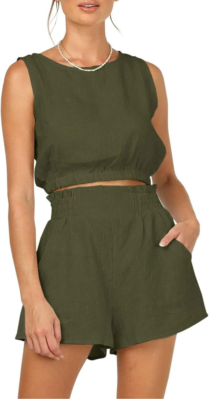 AUTOMET Women’s Summer 2 Piece Outfits Shorts Sets Sleeveless Round Neck Crop Top Tank and High... | Amazon (US)