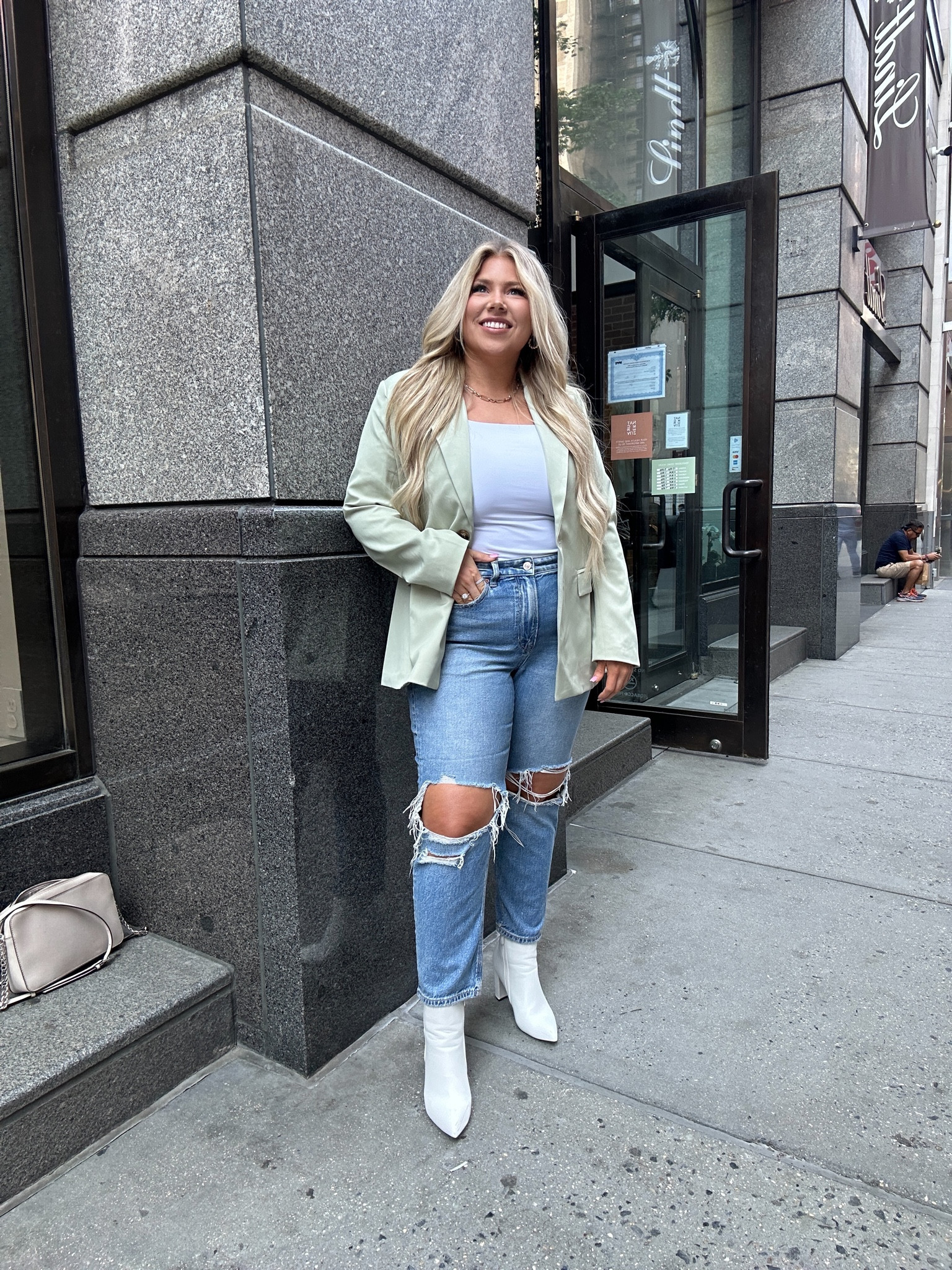 New York City outfit 🤎 American eagle jeans amazon body suit and blazer white boots. 

Size 12 jeans 
Size large bodysuit and Blazer 
TTS boots

American eagle jeans amazon blazer outfit work style work outfits amazon boots midsize fashion NYC outfit ideas 

#LTKunder100 #LTKstyletip #LTKSeasonal