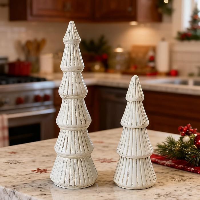 Wooden Christmas Tree Figurine, 2Pcs White Tree Figurines, Decorative Trees for Tabletop, Small D... | Amazon (US)