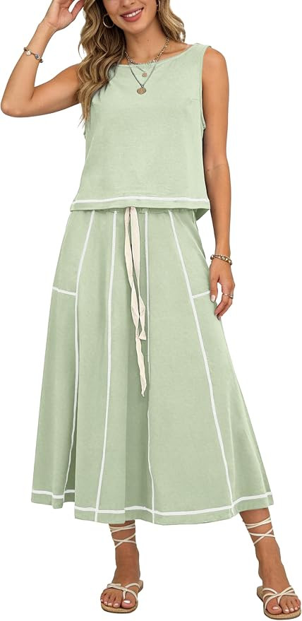 Womens 2 Piece Skirt Set Sleeveless Top Contrast Stitching Midi Skirt | Stretchy Fabric, Drawstri... | Amazon (US)