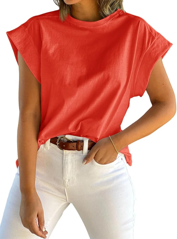 Tankaneo Womens Summer Cap Sleeve Tank Top Crew Neck Solid Casual Loose Fit Basic Tee Shirt | Amazon (US)