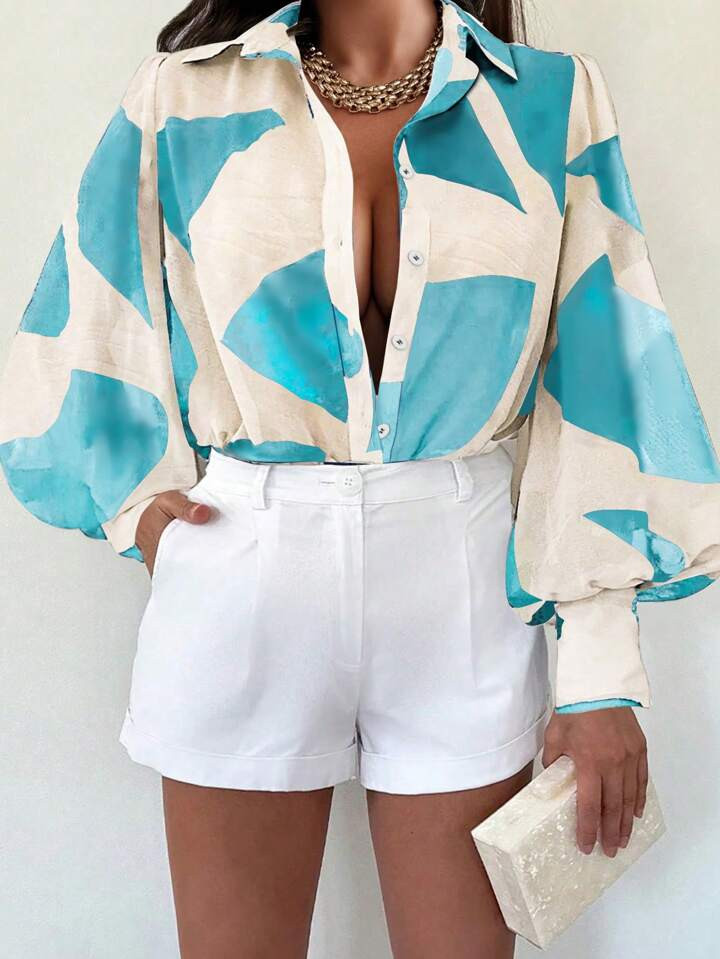 Calvaya Plus Size Fashionable Commuting Contrast Color Random Print Lantern Sleeve Shirt | SHEIN