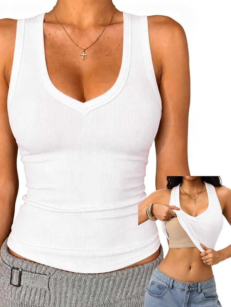 Danysu Built in Bra V Neck Tank Tops for Women Ribbed Knit Racerback No See Through Sleeveless Ba... | Amazon (US)