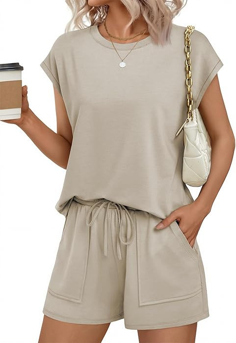 Ekouaer Two Piece Sets for Women Summer Crew Neck Lounge Short Sets Cap Sleeve Drawstring Vacatio... | Amazon (US)