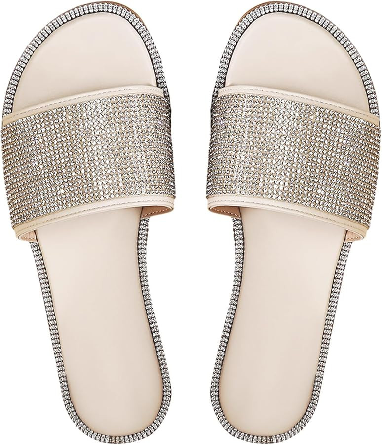 GORGLITTER Sparkly Sandals Rhinestone Flat Sandals Glitter Slip On Open Toe Slides | Amazon (US)