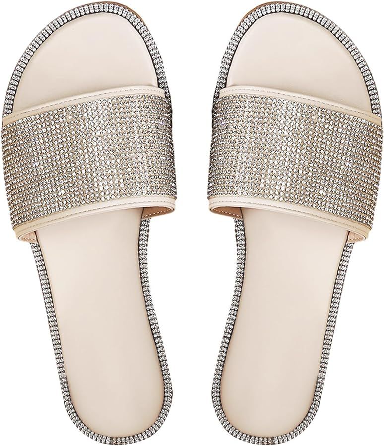 GORGLITTER Sparkly Sandals Rhinestone Flat Sandals Glitter Slip On Open Toe Slides | Amazon (US)