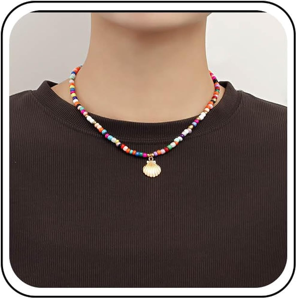 Andelaisi Boho Colorful Seed Bead Necklace Choker Vintage Scallop Shell Necklace Choker Colorful ... | Amazon (US)