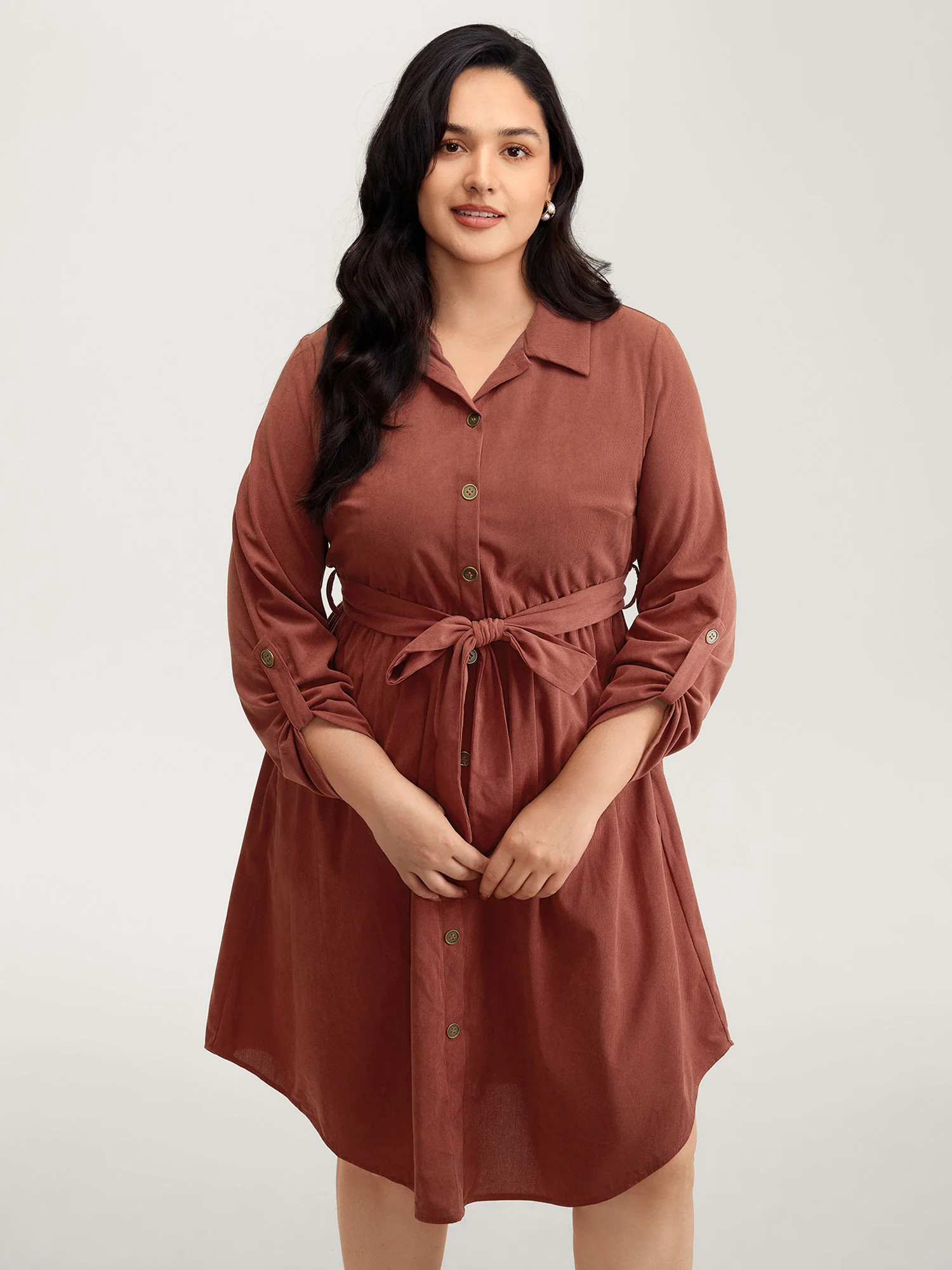 Corduroy Tab Sleeve Belted Midi Dress | Bloomchic