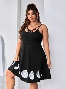 Plus Moon Print Crisscross Front Cami Dress SKU: sf2211021761626305New$15.49$14.72Join for an Exc... | SHEIN