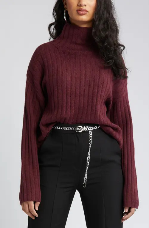 Open Edit Women's Cotton Blend Rib Funnel Neck Sweater in Burgundy London at Nordstrom, Size Small | Nordstrom
