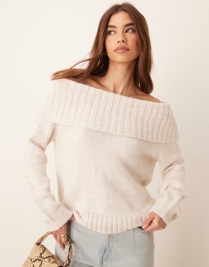 ASOS DESIGN off the shoulder sweater in cream-White | ASOS (Global)