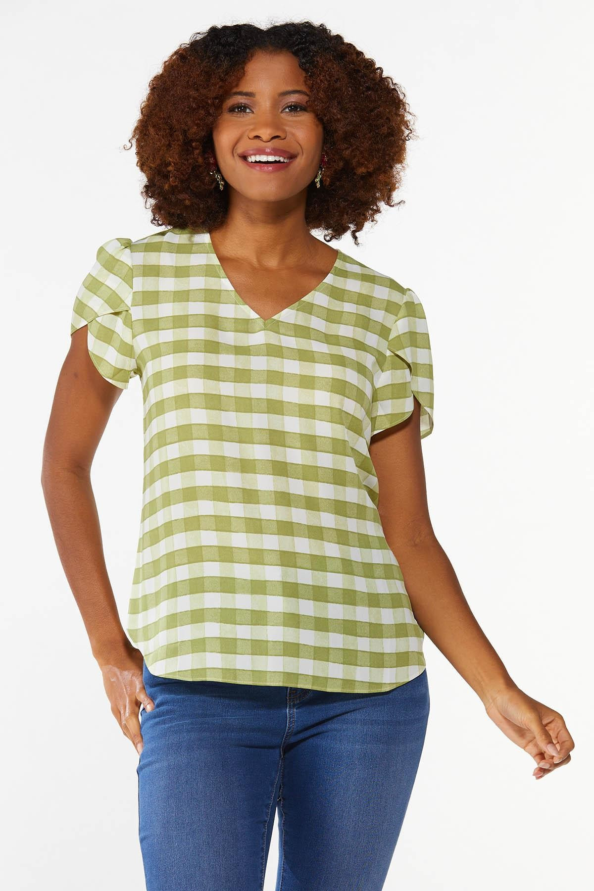 Gingham Tulip Sleeve Top | Cato Fashions