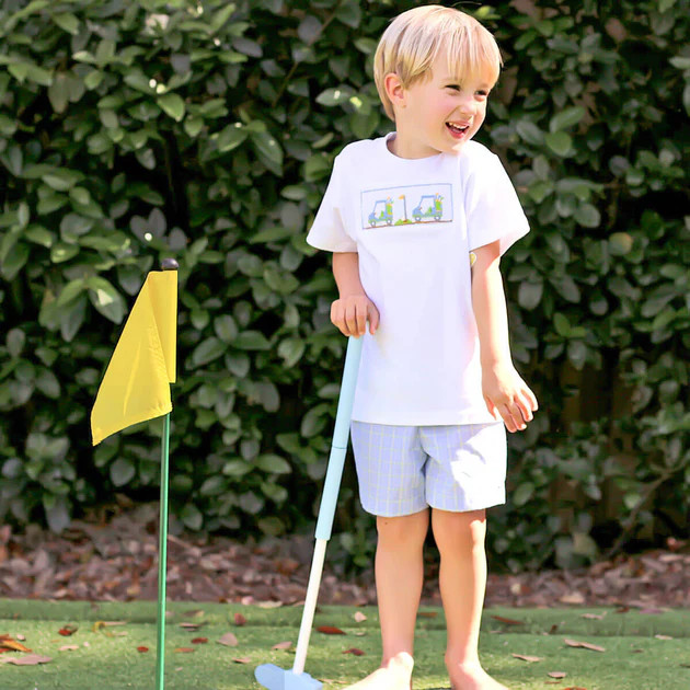 Play Golf Blue Plaid Smocked Short Set | Classic Whimsy