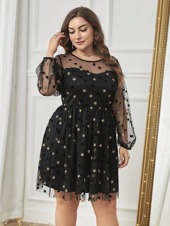Plus Star Print Mesh Overlay Lantern Sleeve Dress | SHEIN