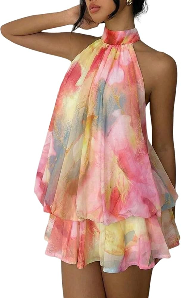 Women's Chiffon Halter Drop Waist Mini Dress Wedding Guest Dresses Ruffle Formal Holiday Club Bru... | Amazon (US)