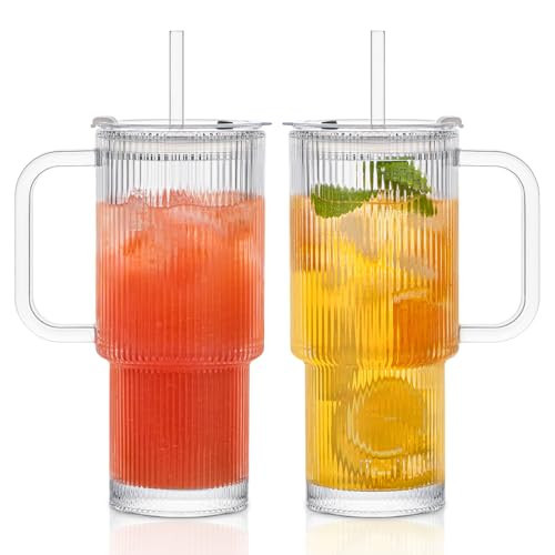INSETLAN 2 Stück 760ml Gläser mit Deckel und Strohhalm, Gerippte Glasbecher mit Deckel und Henkel, Dickem Glas Ideal für Eiskaffee, Matcha, Latte, Säfte und andere Getränke | Amazon (DE)