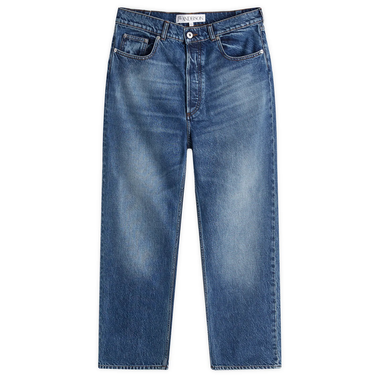 JW Anderson Men's Cropped Straight Leg Jeans in Mid Blue Denim, Size 30"" | END. Clothing