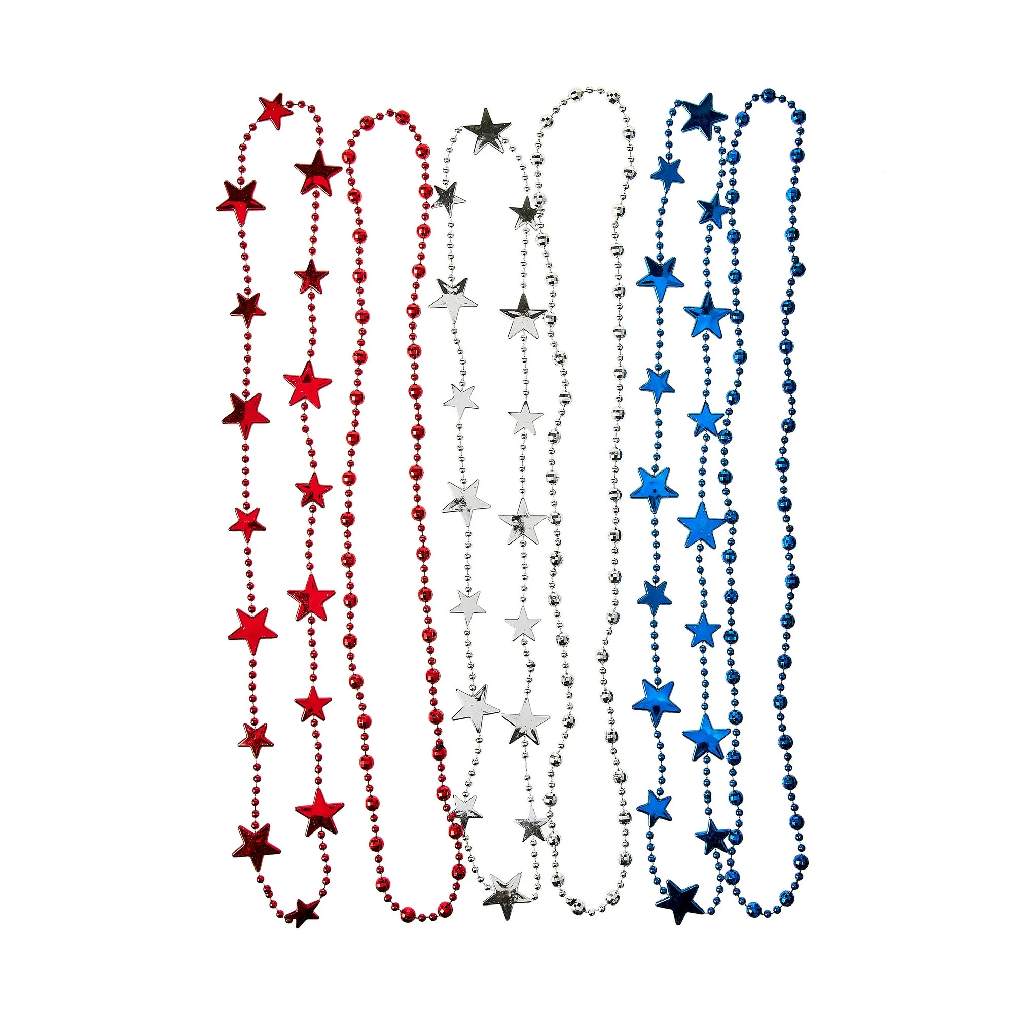 Way to Celebrate Patriotic Red, Silver & Blue Star Plastic Beaded Necklaces, 6 Count - Walmart.co... | Walmart (US)