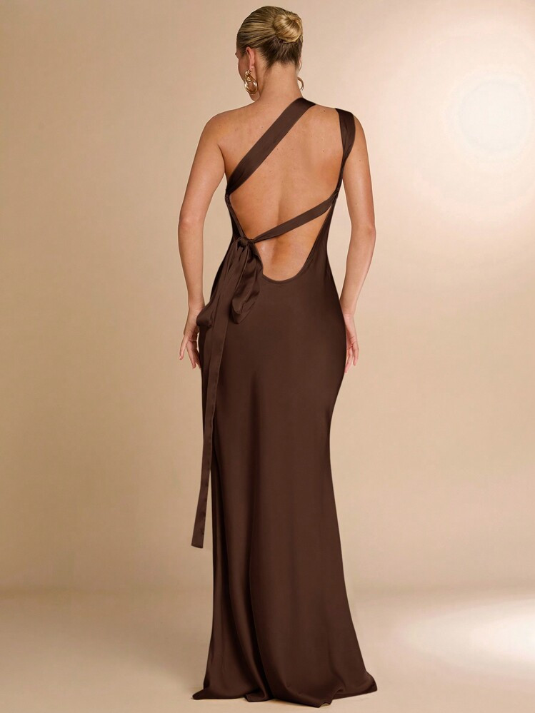 SHEIN BAE Women's Minimalist Solid Color Satin Asymmetric One Shoulder Hollow Back Tie Long Dress, Suitable For Parties, Cocktail Parties, Formal Events, Romantic Dates, Weddings, Bridesmaid Dresses,Valentine's Day,Valentine Outfits For Women | SHEIN