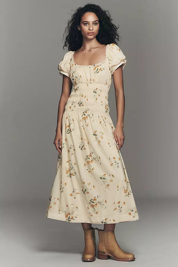 Reformation Riva Puff-Sleeve Smocked Midi Dress | Anthropologie (US)