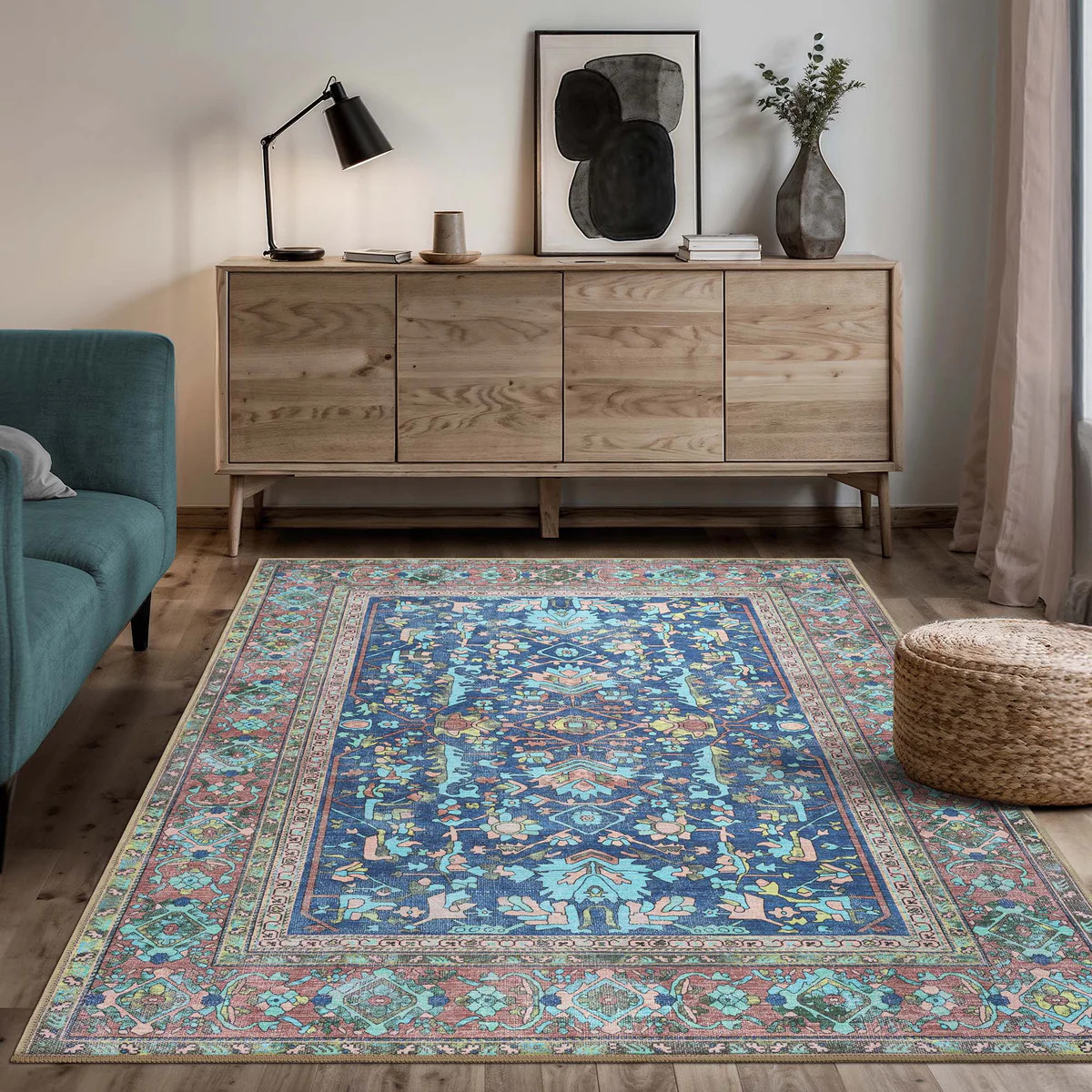 Navy Blue Boho Oushak Washable Rug | Fame Rugs