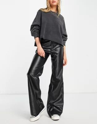 Pull&Bear faux leather wide leg trousers in black | ASOS (Global)