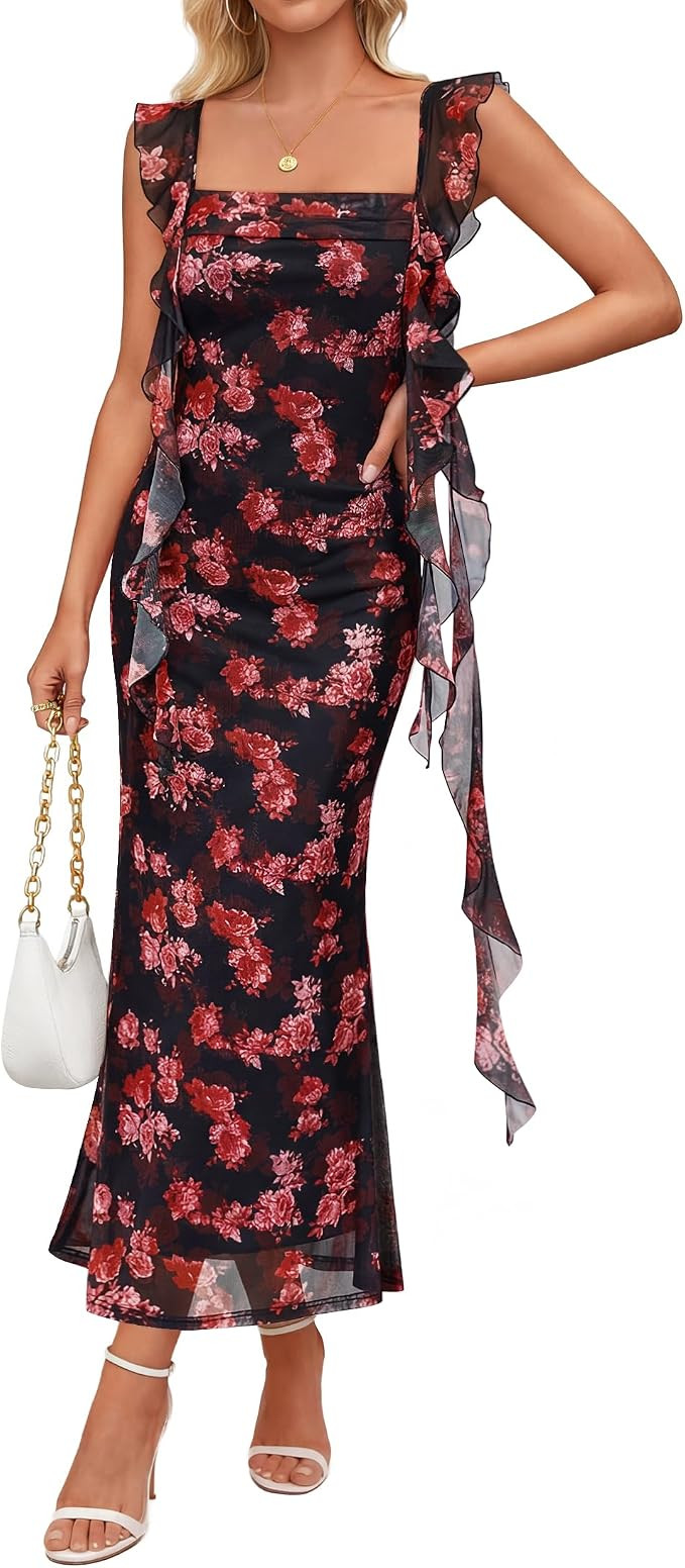 ZESICA Women's Summer Floral Maxi Dress 2026 Boho Sleeveless Square Neck Bodycon Mesh Wedding Gue... | Amazon (US)