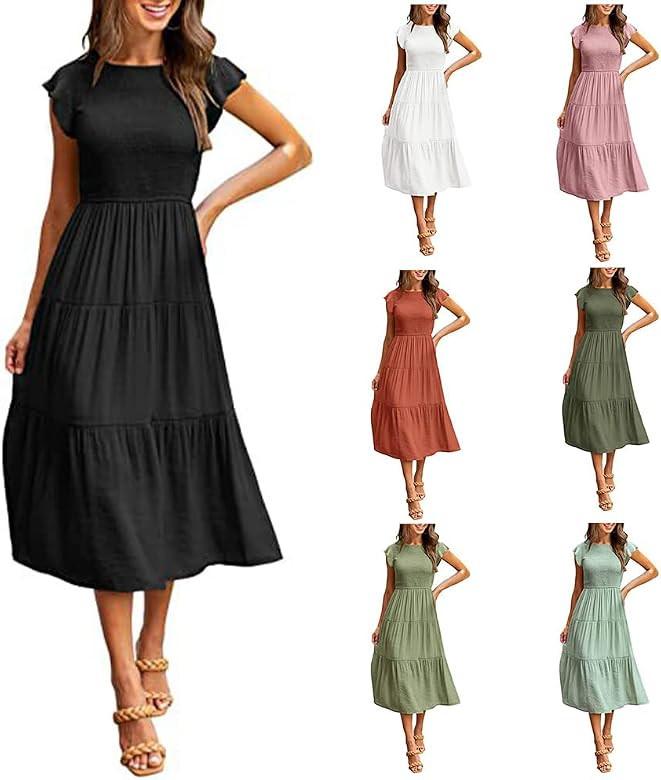 sharllen Women's Flutter Sleeve Midi Dress Summer Casual Smocked Tiered Crew Neck Elastic Waist A-Li | Amazon (US)