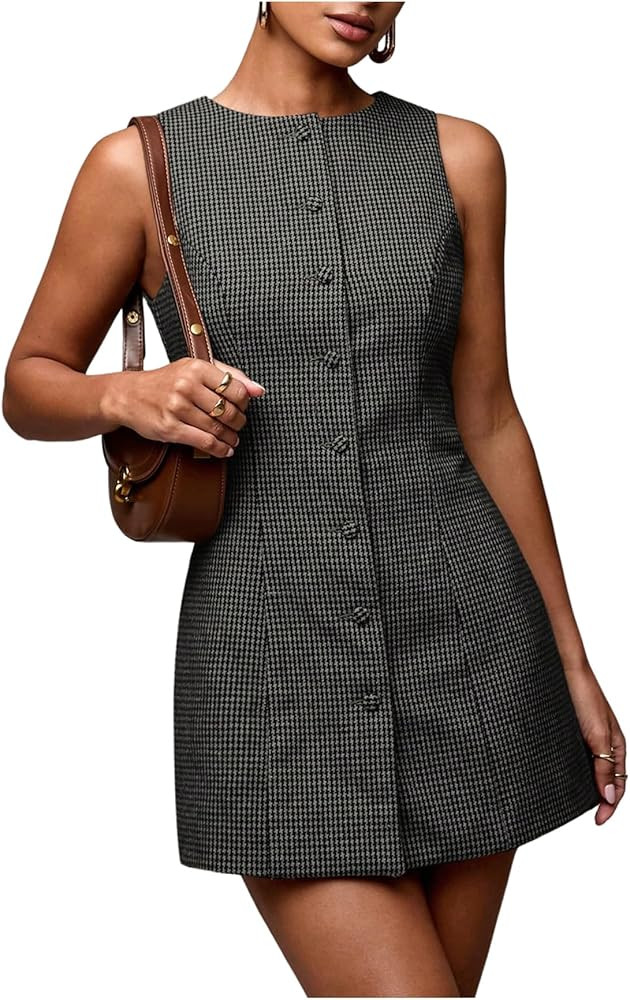 SOLY HUX Women's Plaid Button Down Dress Crew Neck Sleeveless Tie Back Work Office Mini Dresses | Amazon (US)