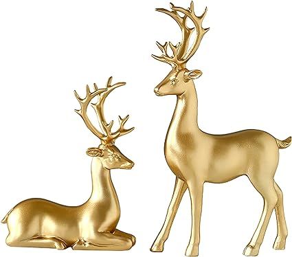 FANTESTICRYAN 2pcs Reindeer Sculpture Gold Resin Christmas Elk Statues Home Office Decorative Dis... | Amazon (US)