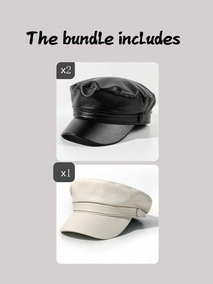 3pcs Women's Pu Leather Student Hat Newsboy Cap Duckbill Cap Beret, Suitable For Daily Wear And A... | SHEIN