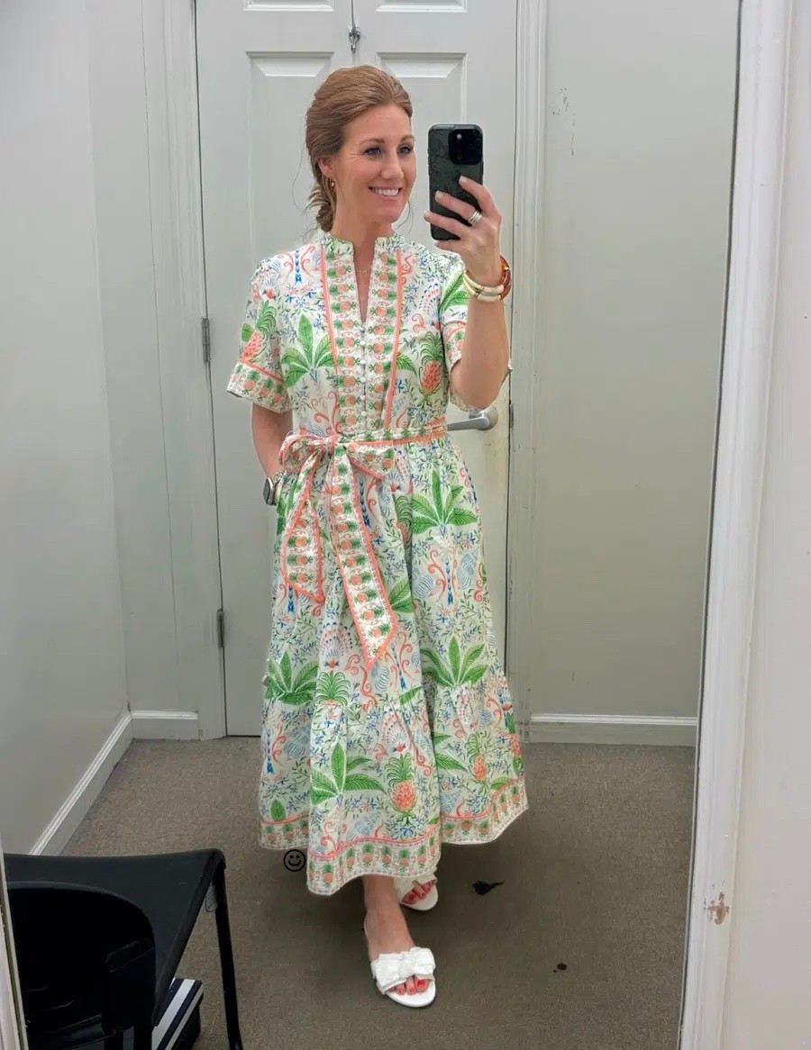 This printed maxi dress is perfect for Spring! It is the perfect vacation dress and also comes in a navy and a green option! Stephanie is wearing a size small. 

#LTKOver40 #LTKSpringSale #LTKWorkwear