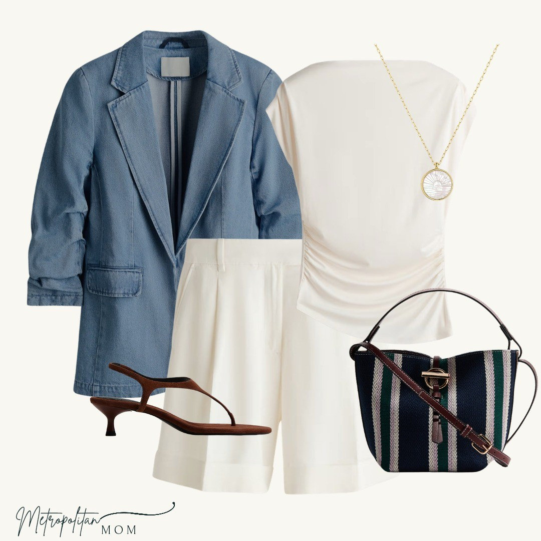 This is the kind of outfit that works for brunch, vacation dinners, shopping days, or a casual evening out.Denim blazer + tailored cream shorts is one of those combinations that just works. Easy, polished, and perfect for warmer days. The boat neck top keeps it classic, while suede kitten heels and a striped bucket bag add a little texture.Finished with a simple necklace and sunnies. And, everything from H&M minus the necklace.  

#LTKmomlife #LTKSeasonal #LTKTravel