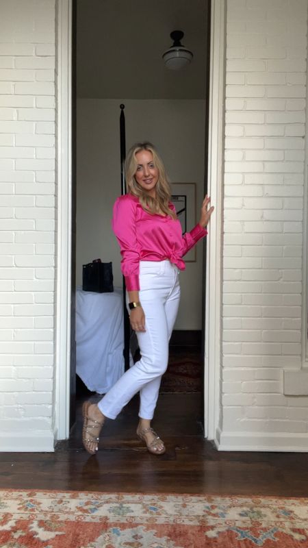Pink and white outfit- satin button down with white denim. Wearing a small in the shirt, jeans run true to size with some stretch!

#LTKfit #LTKstyletip #LTKunder50