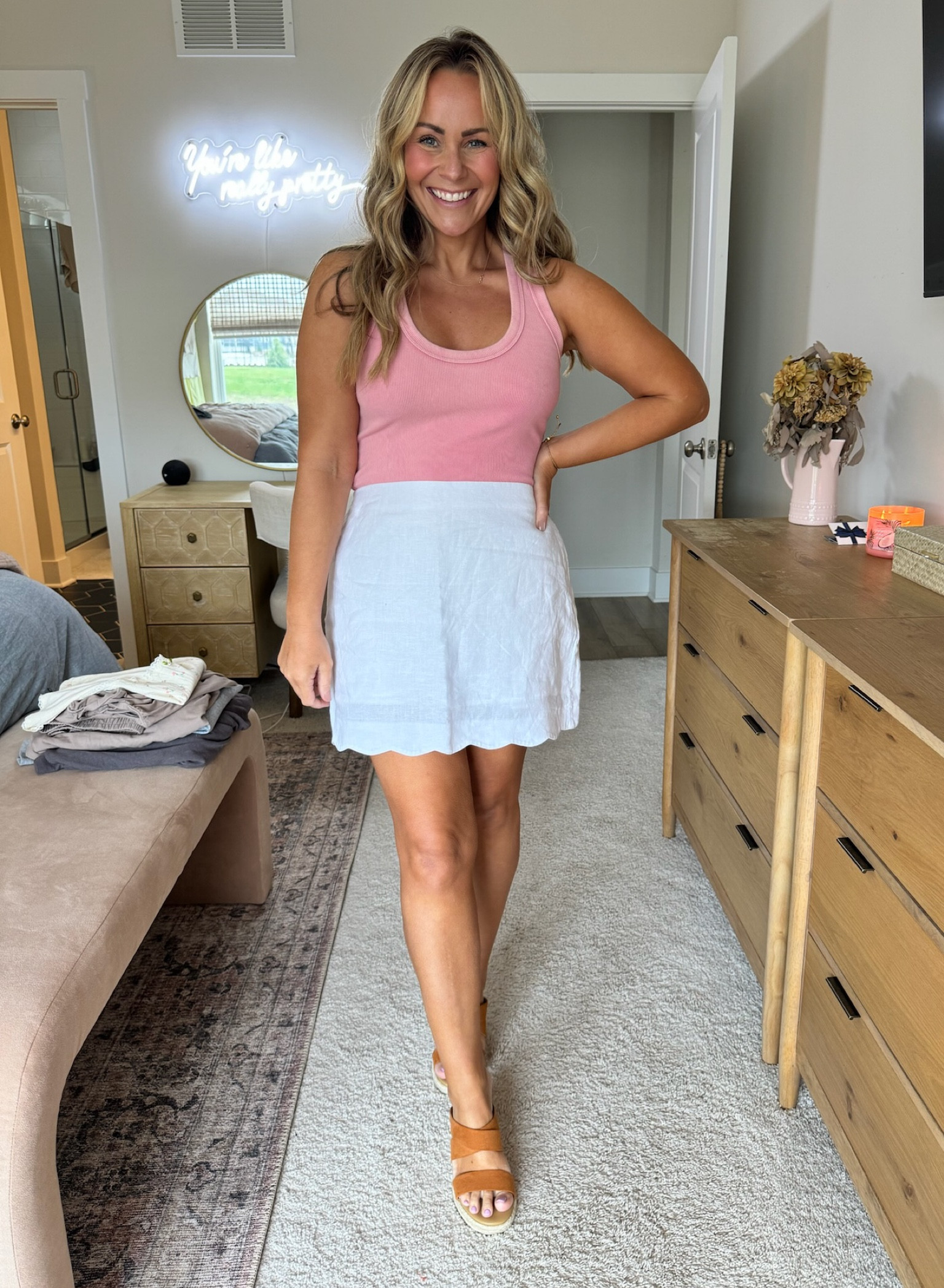 Casual lunch date outfit ✨

Linen scallop-hem mini skort (medium) 
Tank is sold out (linked similar)
Sandals are from J Crew Factory 

#LTKsalealert #LTKfindsunder100 #LTKstyletip