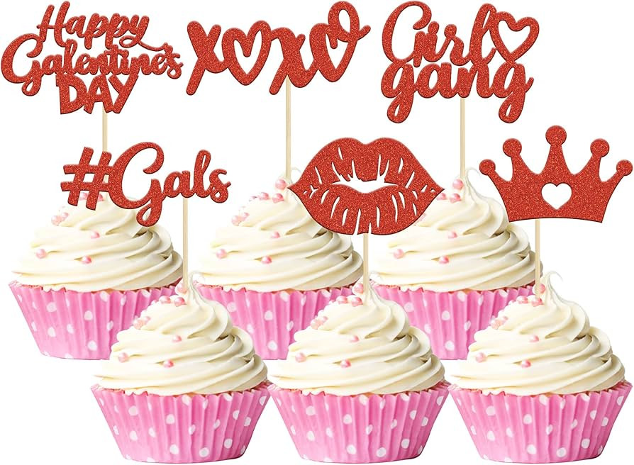 Amazon.com: Gyufise 24 Pack Galentine's Day Cake Decorations Red Glitter Happy Galentines Day Cup... | Amazon (US)