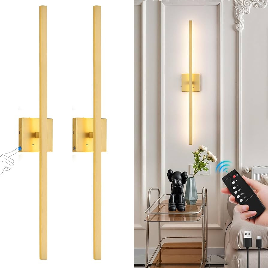 Battery Operated Wall Sconces Set of Two, 24 Inch Dimmable Stepless Brushed Gold Picture Lights f... | Amazon (US)