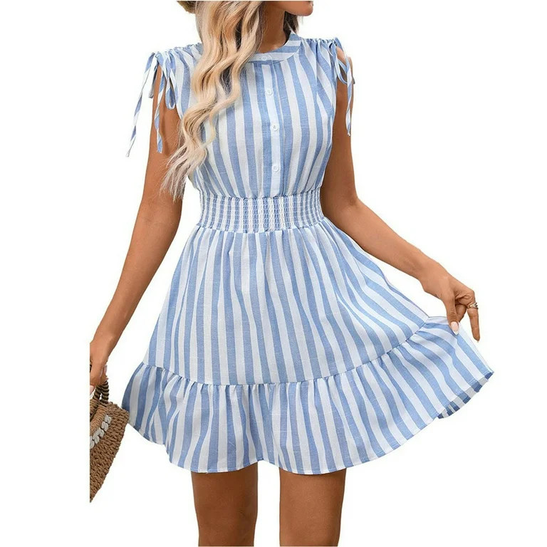 Summer Dresses For Women Sevevn Women's Striped Tiered Mini Dress Sleeveless Smocked Waist Tie Sh... | Walmart (US)