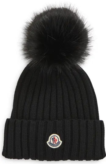 Moncler Wool Rib Beanie with Faux Fur Pompom | Nordstrom | Nordstrom