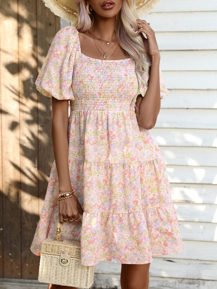 Allover Floral Print Shirred Puff Sleeve Ruffle Hem Dress | SHEIN