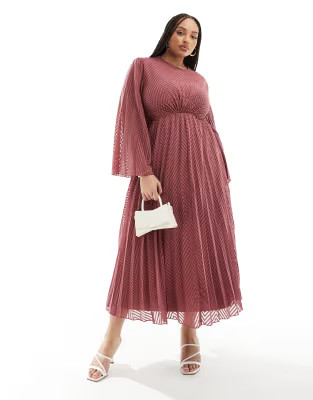 ASOS DESIGN Curve – Plissiertes, hinten gebundenes Chiffon-Midikleid in Rosa mit Trompetenärme... | ASOS (Global)