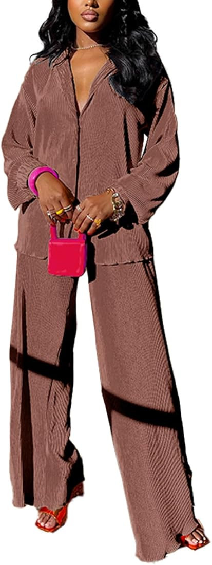 kaimimei Casual 2 Piece Outfit for Women - Linen Long Sleeve Button Down Shirt + Flare Pleated Wi... | Amazon (US)