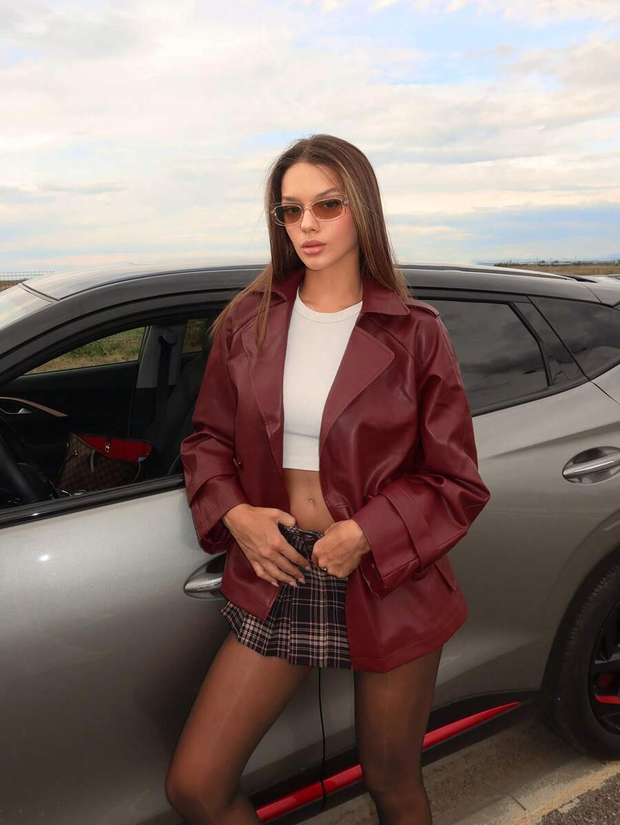 SHEIN BAE Women's Vintage Burgundy Color Flat Collar Long Sleeve Minimalist Jacket, Casual Everyd... | SHEIN