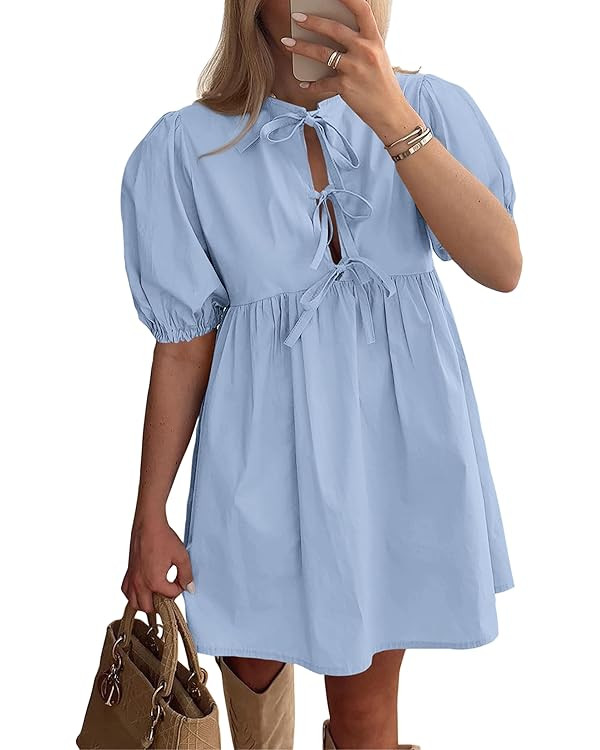 PRETTYGARDEN Womens 2025 Summer Casual Short Sleeve Dresses A Line Bow Tie Front Babydoll Loose C... | Amazon (US)