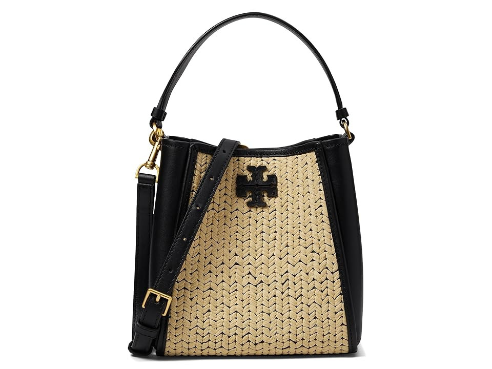 Tory Burch Mcgraw Raffia Small Bucket Bag (Black/Natural) Handbags | Zappos